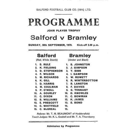 1979/80 Salford v Bramley John Player Trophy Rugby League Programme