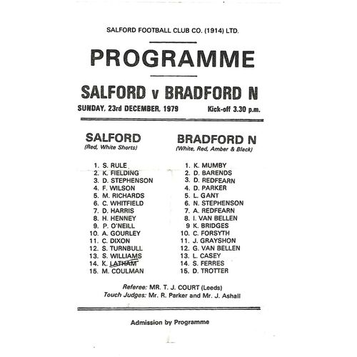 1979/80 Salford v Bradford Northern Rugby League Programme