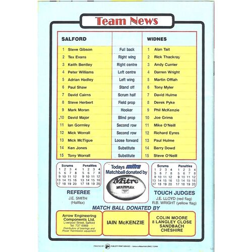 1988/89 Salford v Widnes Rugby League Programme