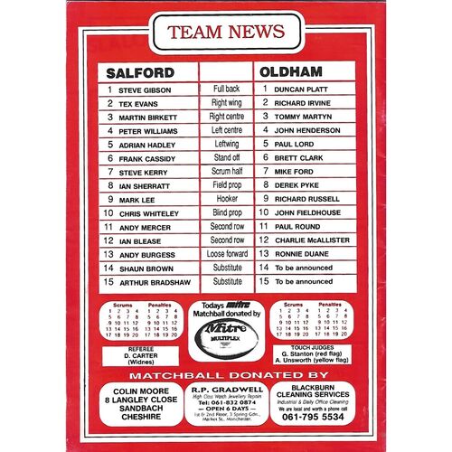 1990/91 Salford v Oldham Greenalls Lancashire Cup 1st Round Rugby League Programme