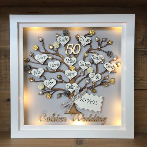 Personalised Anniversary Gift – Custom Family Tree Frame with Names, Pearls & Optional Lights