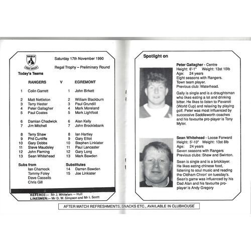 1990/91 Saddleworth Rangers v Egremont Rangers Regal Trophy Preliminary Round Rugby League Programme