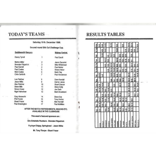 1998/99 Saddleworth Rangers v Walney Central Silk Cut Challenge Cup 2nd Round Rugby League Programme