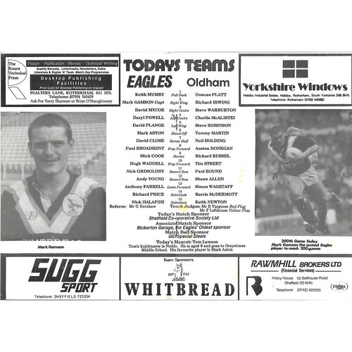 1991/92 Sheffield Eagles v Oldham Rugby League Programme