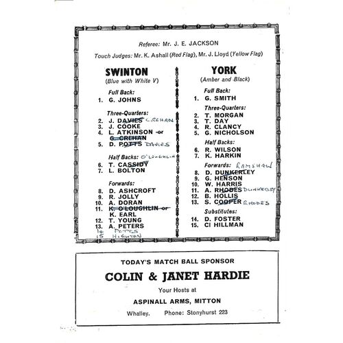 1978/79 Swinton v York Rugby League Programme