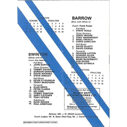 1979/80 Swinton v Barrow Rugby League Programme