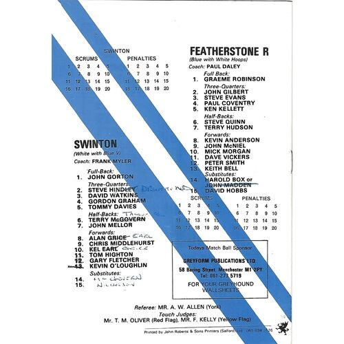 1979/80 Swinton v Featherstone Rovers Rugby League Programme