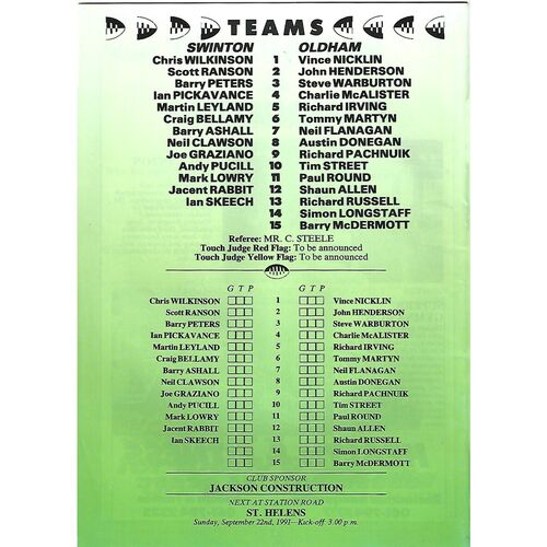 1991/92 Swinton v Oldham Greenalls Lancashire Cup 1st Round Rugby League Programme