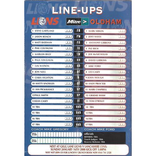 1999/00 Swinton Lions v Oldham Rugby League Programme