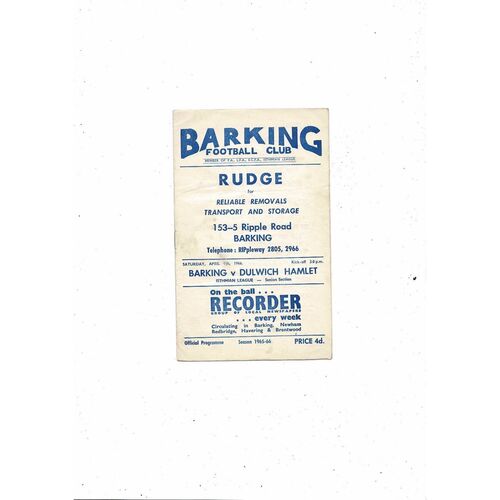1965/66 Barking v Dulwich Hamlet Football Programme