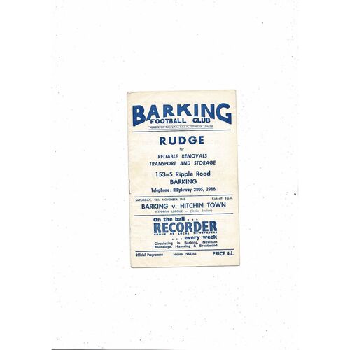 1965/66 Barking v Hitchin Town Football Programme