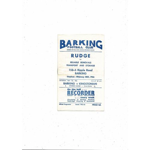 1965/66 Barking v Kingstonian Football Programme