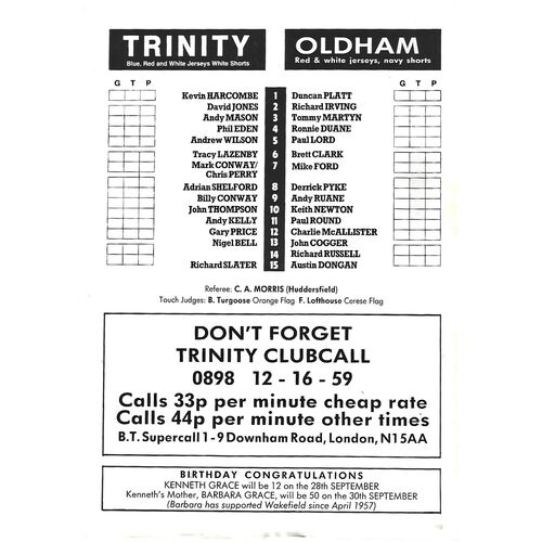 1990/91 Wakefield Trinty v Oldham Rugby League Programme
