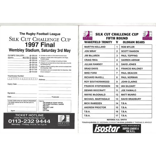 1997 Wakefield Trinity v Oldham Bears Silk Cut Challenge Cup 5th Round Rugby League Programme