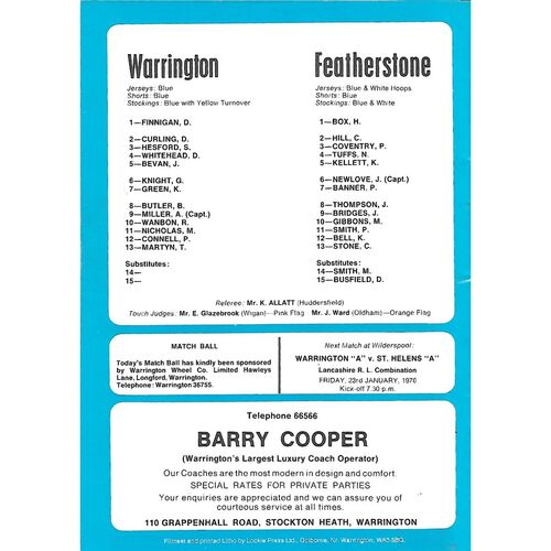 1975/76 Warrington v Featherstone Rovers Rugby League Programme