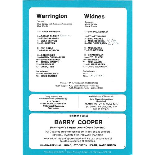 1978/79 Warrington v Widnes Rugby League Programme