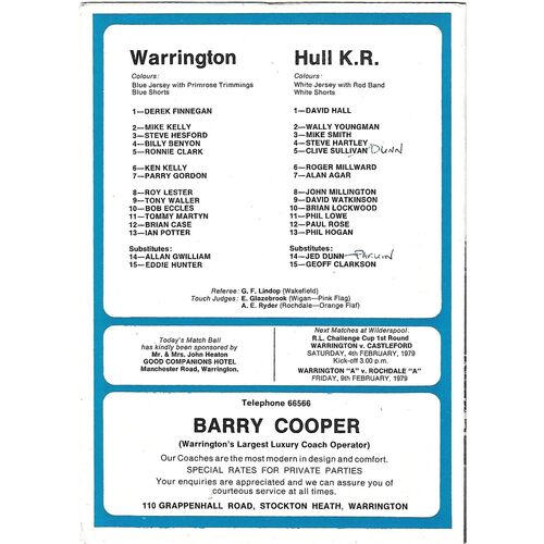 1978/79 Warrington v Hull Kingston Rovers Rugby League Programme