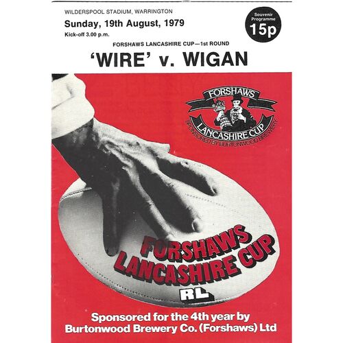 1979/80 Warrington v Wigan Forshaw's Lancashire Cup 1st Round Rugby League Programme