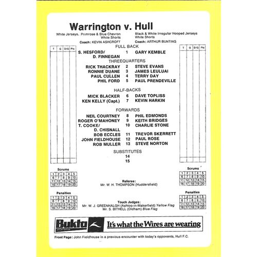 1982/83 Warrington v Hull State Express Challenge Cup 3rd Round Rugby League Programme