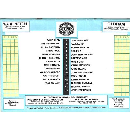 1991/92 Warrington v Oldham Rugby League Programme
