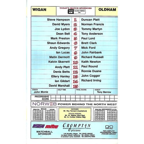 1990/91 Wigan v Oldham Rugby League Programme