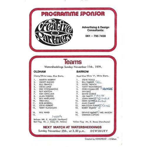 1979/80 Oldham v Barrow Rugby League Programme