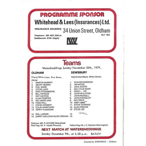 1979/80 Oldham v Dewsbury Rugby League Programme