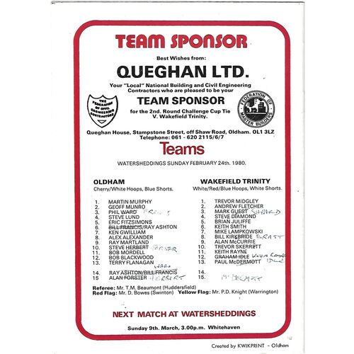 1979/80 Oldham v Wakefield Trinity State Express Challenge Cup 2nd Round Rugby League Programme