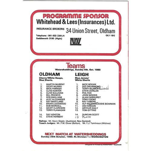 1980/81 Oldham v Leigh Rugby League Programme