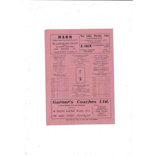 1949/50 Hayes v Leyton Football Programme