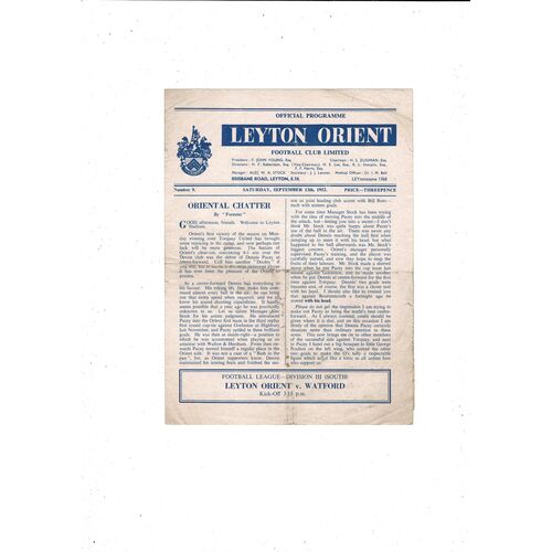 1952/53 Leyton Orient v Watford Football Programme