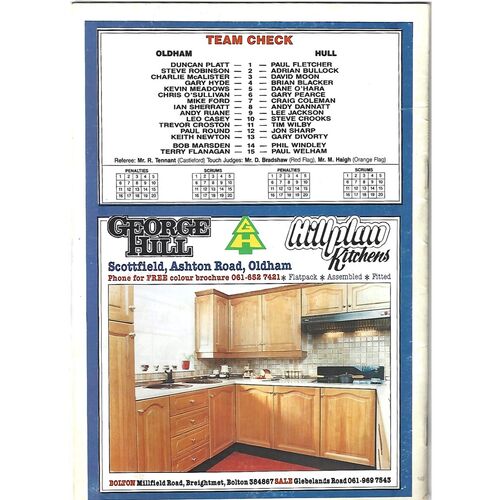 1988/89 Oldham v Hull Rugby League Programme