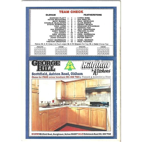 1988/89 Oldham v Featherstone Rovers Rugby League Programme