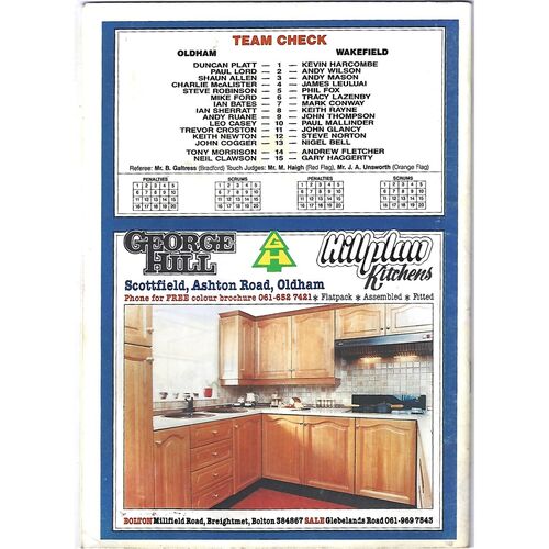 1988/89 Oldham v Wakefield Trinity Rugby League Programme