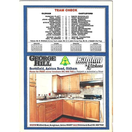 1988/89 Oldham v Castleford Rugby League Programme