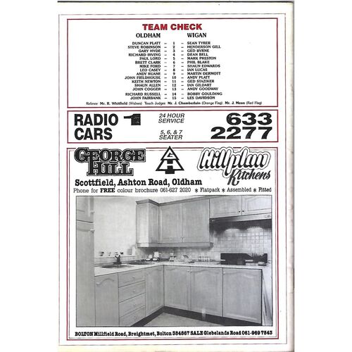 1989/90 Oldham v Wigan Grunhalle Lancashire Cup Rugby League Programme