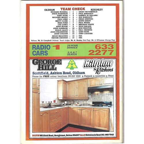 1989/90 Oldham v Keighley Rugby League Programme