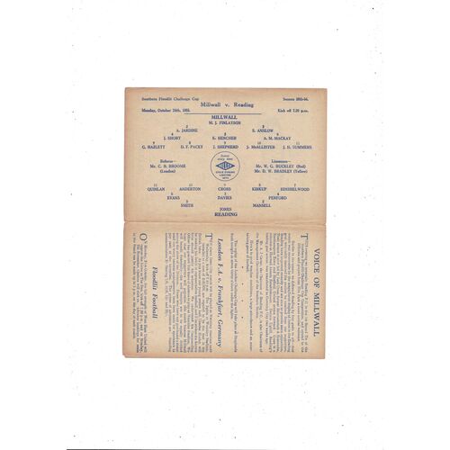 1955/56 Millwall v Reading Southern Floodlit Cup Football Programme