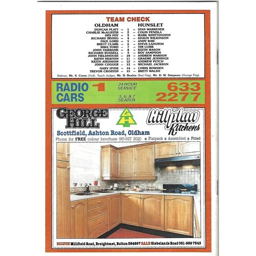 1989/90 Oldham v Hunslet Rugby League Programme