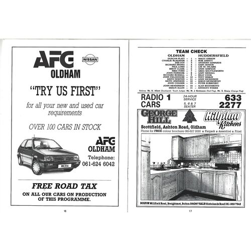 1989/90 Oldham v Huddersfield Silk Cut Challenge Cup Preliminary Round Rugby League Programme