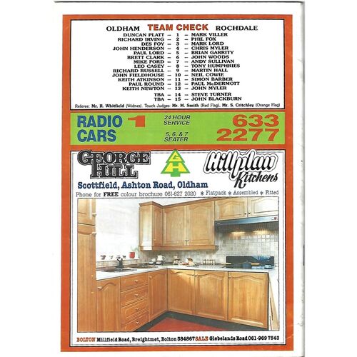 1989/90 Oldham v Rochdale Hornets Rugby League Programme