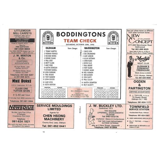 1990/91 Oldham v Warrington Rugby League Programme