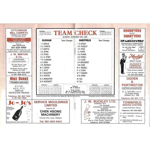 1991/92 Oldham v Sheffield Eagles (27/10/1991) Rugby League Programme