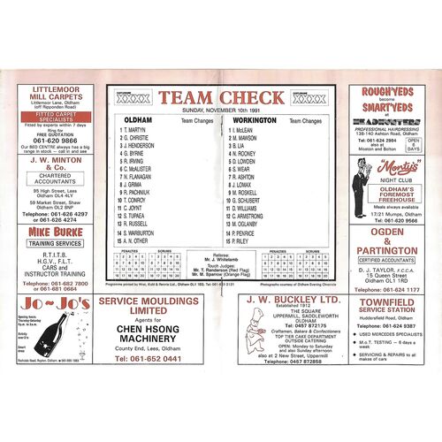 1991/92 Oldham v Workington Town (10/11/1991) Rugby League Programme