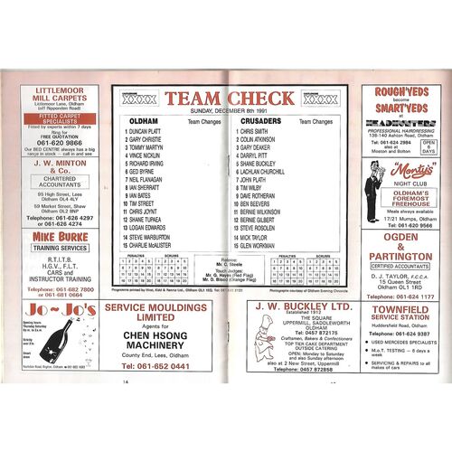 1991/92 Oldham v London Crusaders (08/12/1991) Rugby League Programme