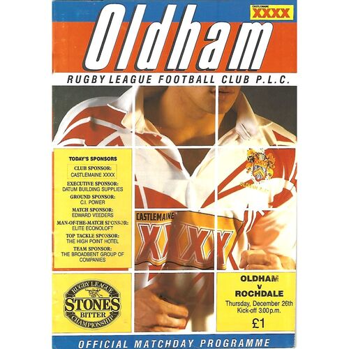 1991/92 Oldham v Rochdale Hornets (26/12/1991) Rugby League Programme