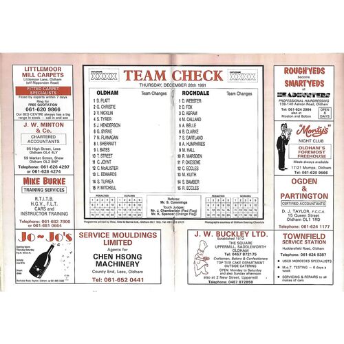 1991/92 Oldham v Rochdale Hornets (26/12/1991) Rugby League Programme