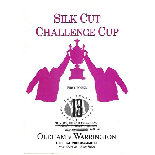 1991/92 Oldham v Warrington Silk Cut Challenge Cup 1st Round Rugby League Programme