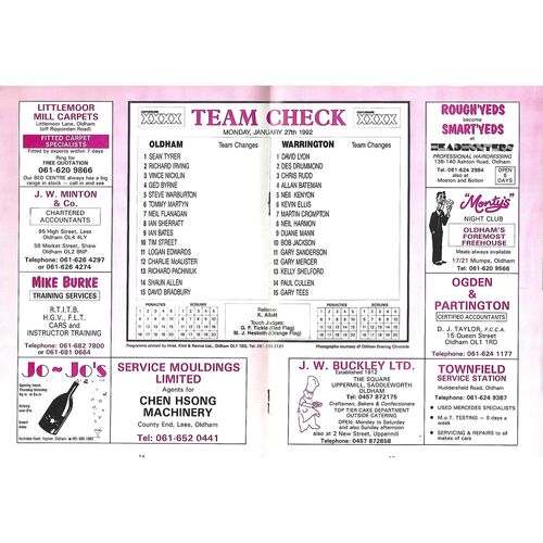 1991/92 Oldham v Warrington Silk Cut Challenge Cup 1st Round Rugby League Programme