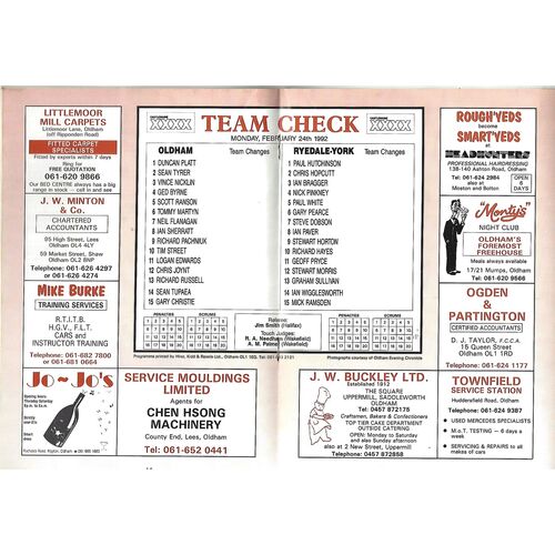 1991/92 Oldham v Ryedale-York (24/02/1992) Rugby League Programme